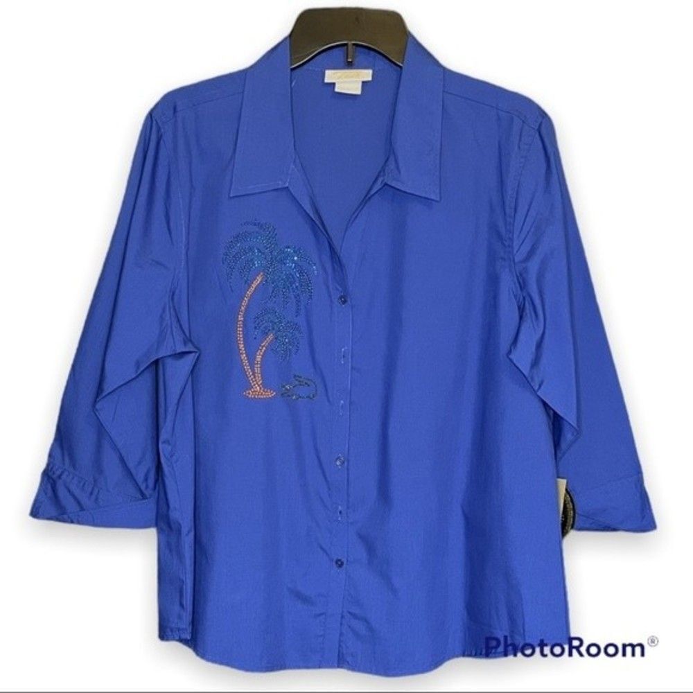 Tia Designs Women’s Blue Palm Tree Button Down Top Size L NWT